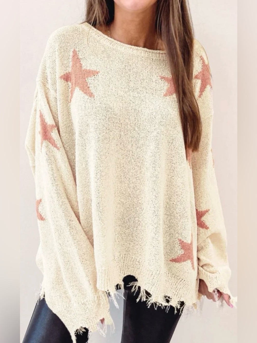 Cream Pink Star Distressed Raw Hem Sweater Top Large